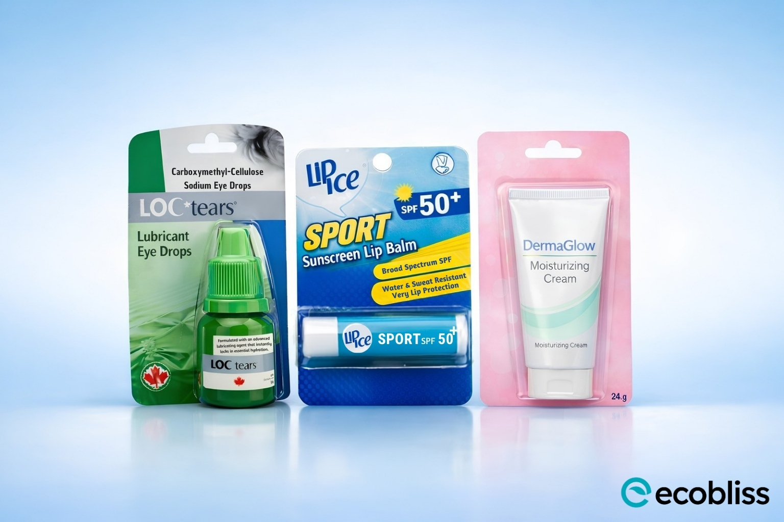 Ecobliss cold seal blister packaging for eye drops, SPF lip balm and moisturizing cream