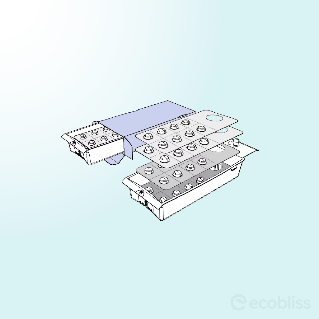 Pharmaceutical tray engineered to hold multiple blister strips in a structured layout.