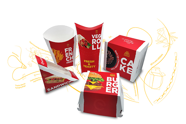 Food-grade packaging for burgers, fries, rolls, and bakery items by Ecobliss India.